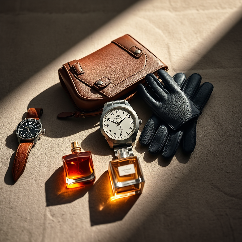 A visually striking image showcasing a curated selection of luxury items arranged artfully on a textured surface. A high-end watch, a designer handbag, a pair of handcrafted leather gloves, and a small bottle of exquisite perfume are featured. The lighting is dramatic, with shadows and highlights emphasizing the craftsmanship and quality of each item. The color palette is sophisticated, with a mix of neutral tones and pops of jewel-toned colors. The camera angle is a close-up, highlighting the texture and detail of each object. The style is reminiscent of a luxury brand advertisement.