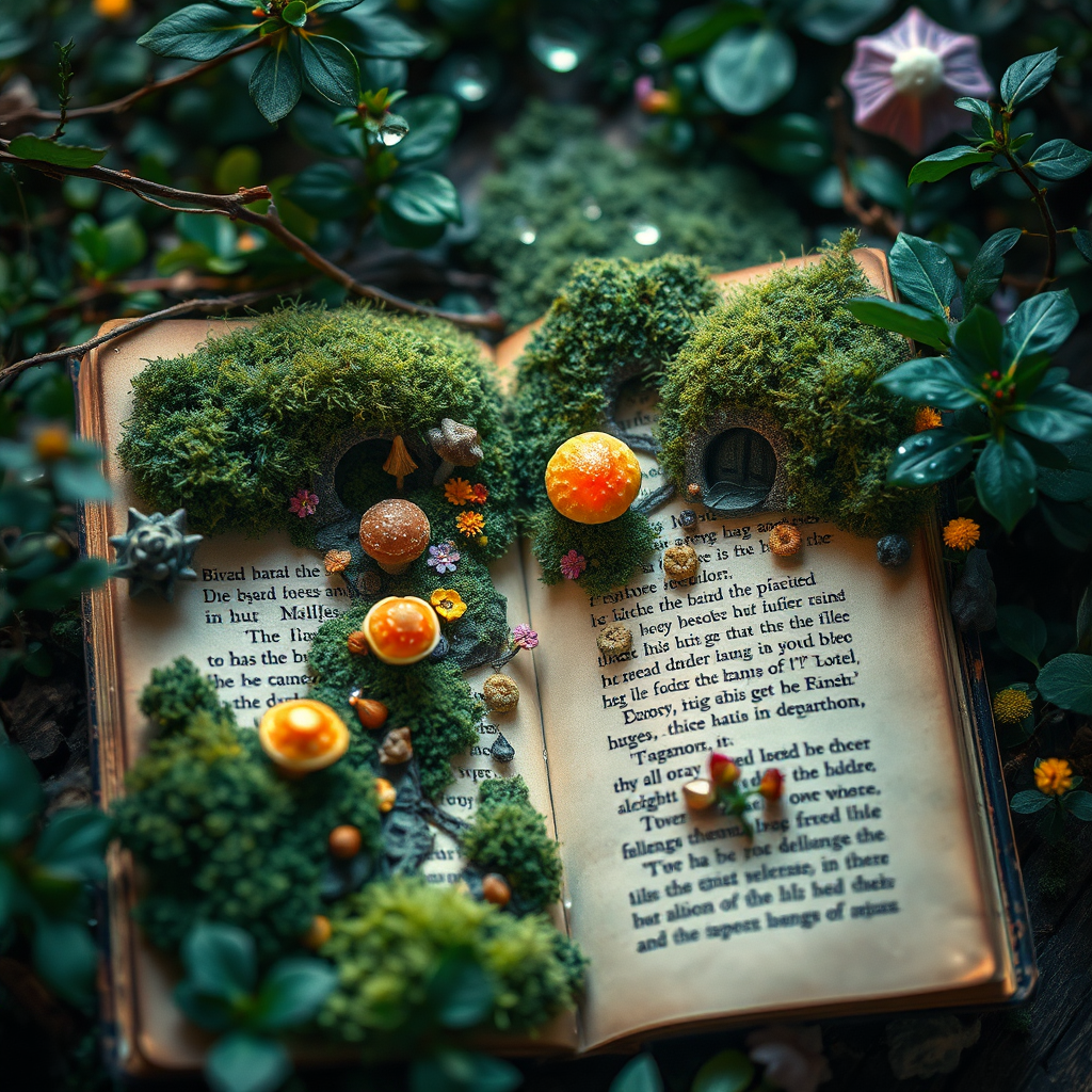 Miniature enchanted garden inside an open storybook.