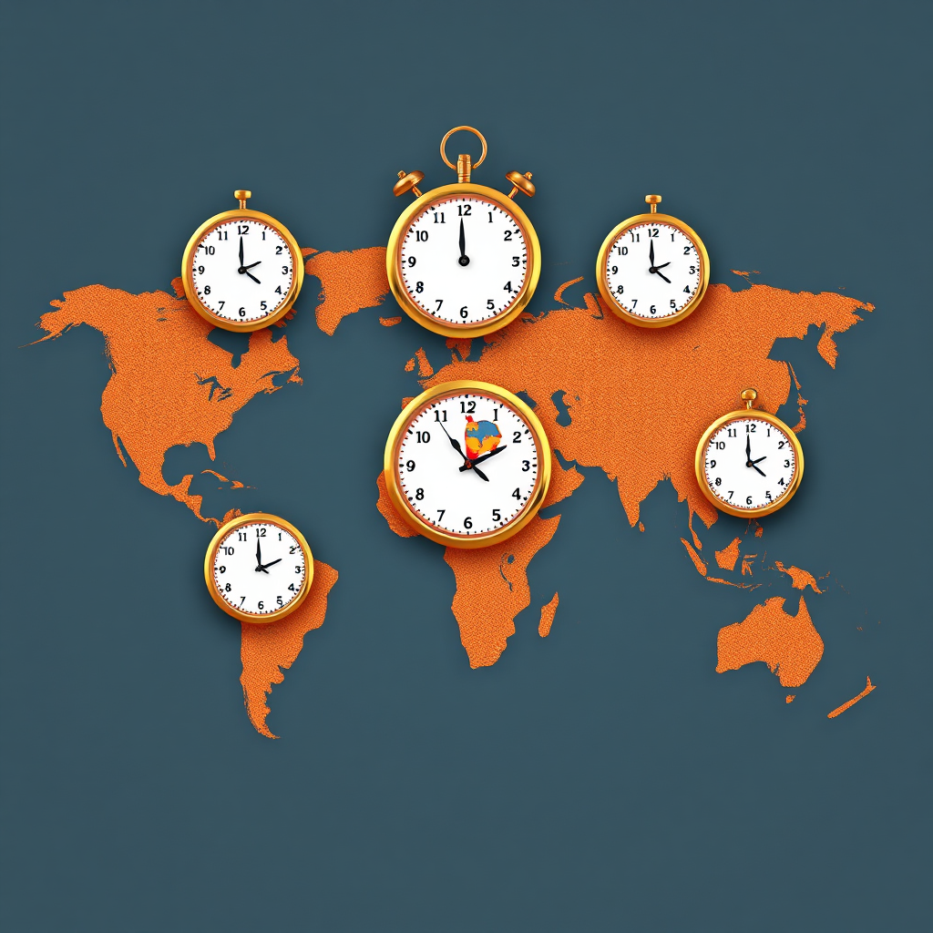 A world map with interconnected clocks displaying different time zones, symbolizing the ability to connect with guests worldwide.