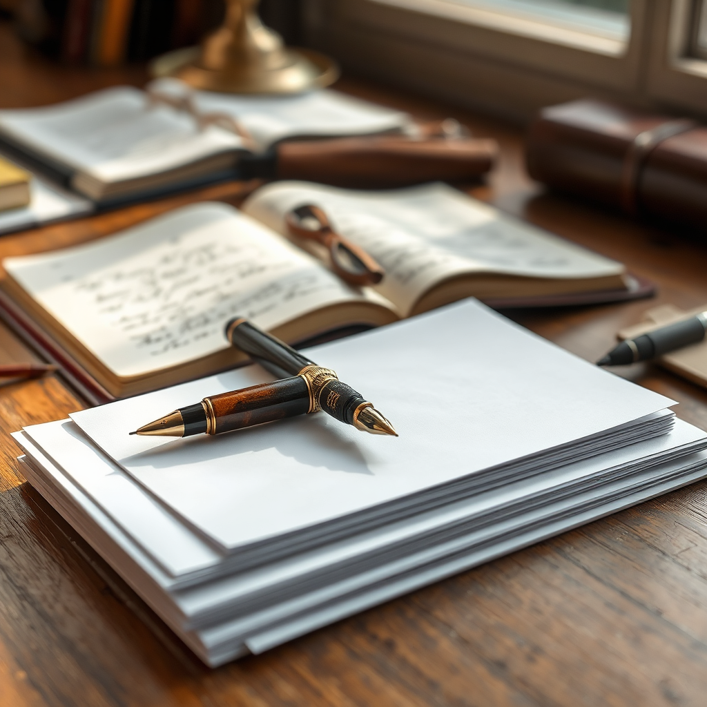 A writer's desk adorned with luxurious items. A fountain pen rests on a stack of crisp, white paper. A leather-bound journal lies open, with elegant handwriting visible. Soft, natural light streams in from a nearby window. The color palette is warm and inviting, with a touch of sophistication. The camera angle is a close-up, focusing on the details that create a sense of creativity and craftsmanship.