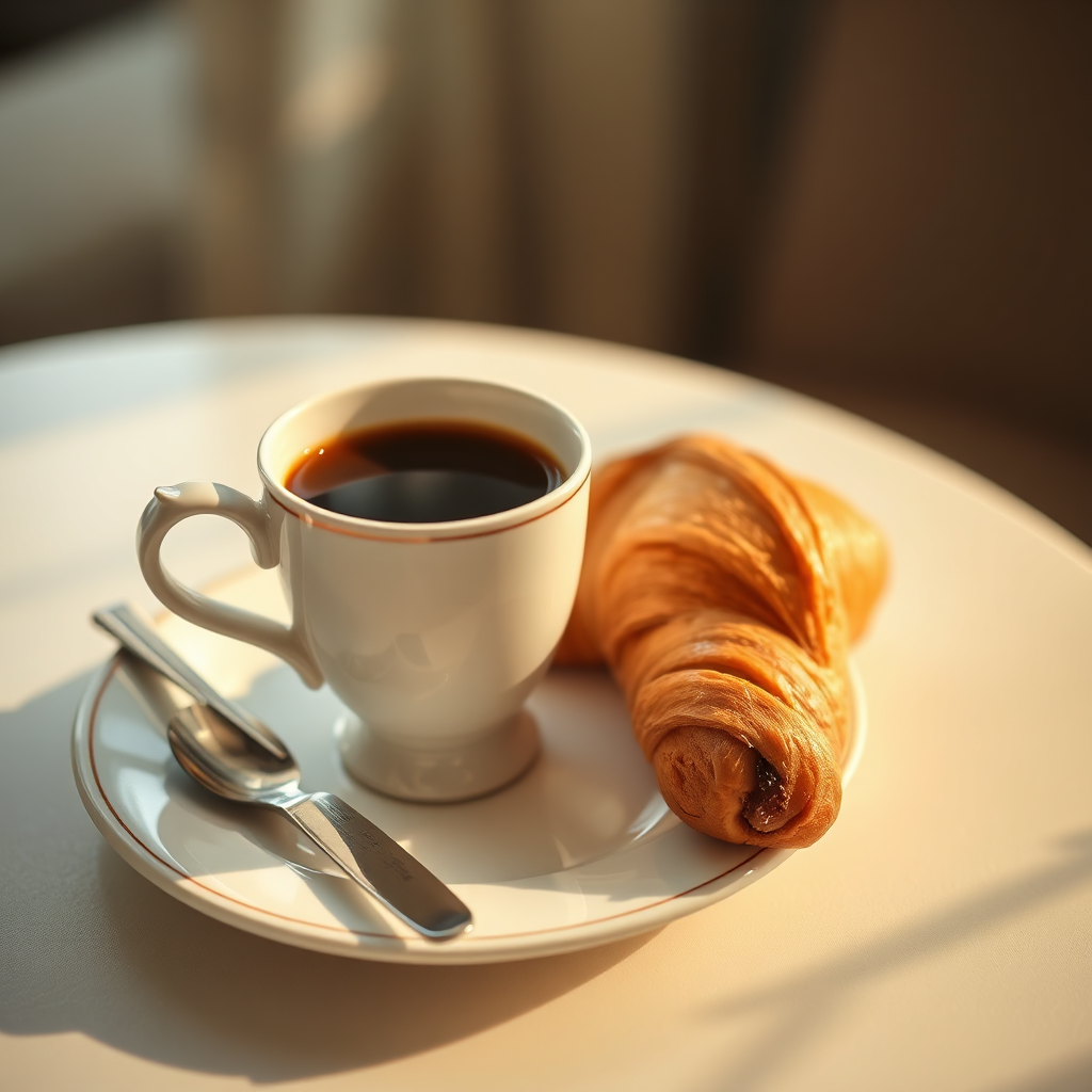 An image depicting an ordinary everyday scene elevated to a luxurious experience. A simple cup of coffee becomes an elegant ritual with the addition of a beautiful porcelain cup, a silver spoon, and a perfectly arranged croissant. The lighting is warm and inviting, creating a sense of comfort and indulgence. The color palette is soft and muted, conveying a sense of serenity and tranquility. The camera angle is a close-up, focusing on the details that make the experience special.