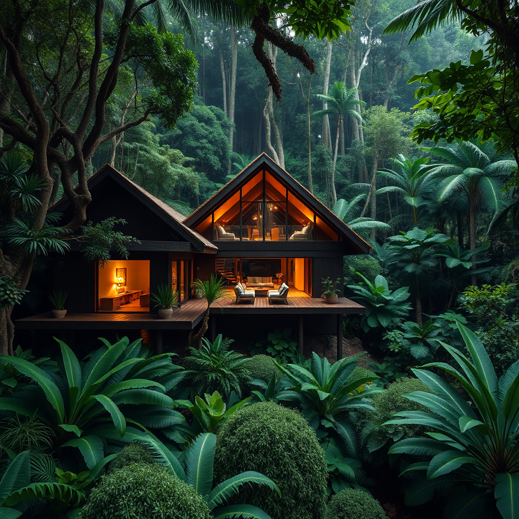 An image showcasing a luxurious eco-lodge nestled in a lush, tropical rainforest. The architecture is sustainable and blends seamlessly with the natural environment. The lighting is soft and natural, creating a sense of tranquility and peace. The color palette is earthy and green, reflecting the natural surroundings. The camera angle is a wide shot, capturing the harmony between luxury and sustainability.