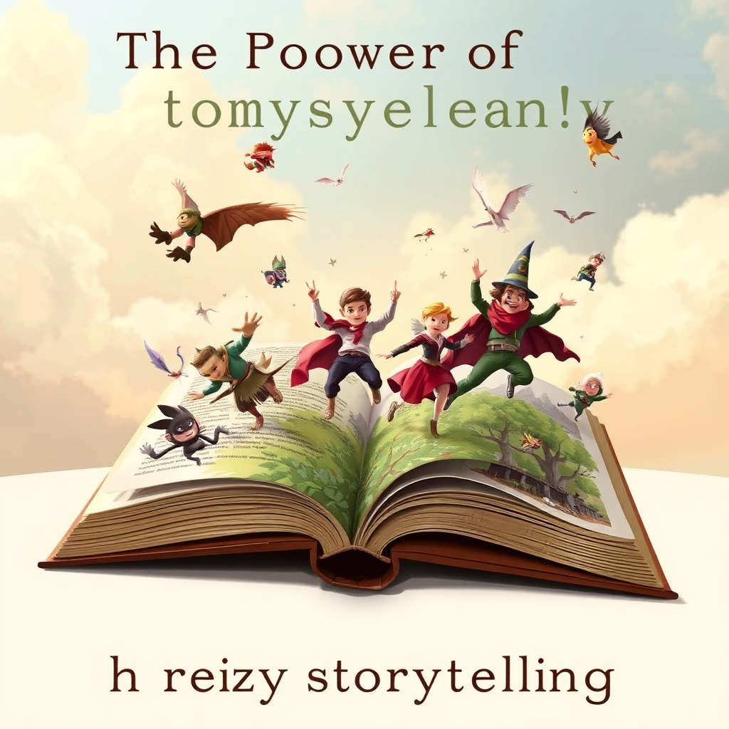 An open book with characters leaping from the pages into a fantastical world, representing the power of storytelling.