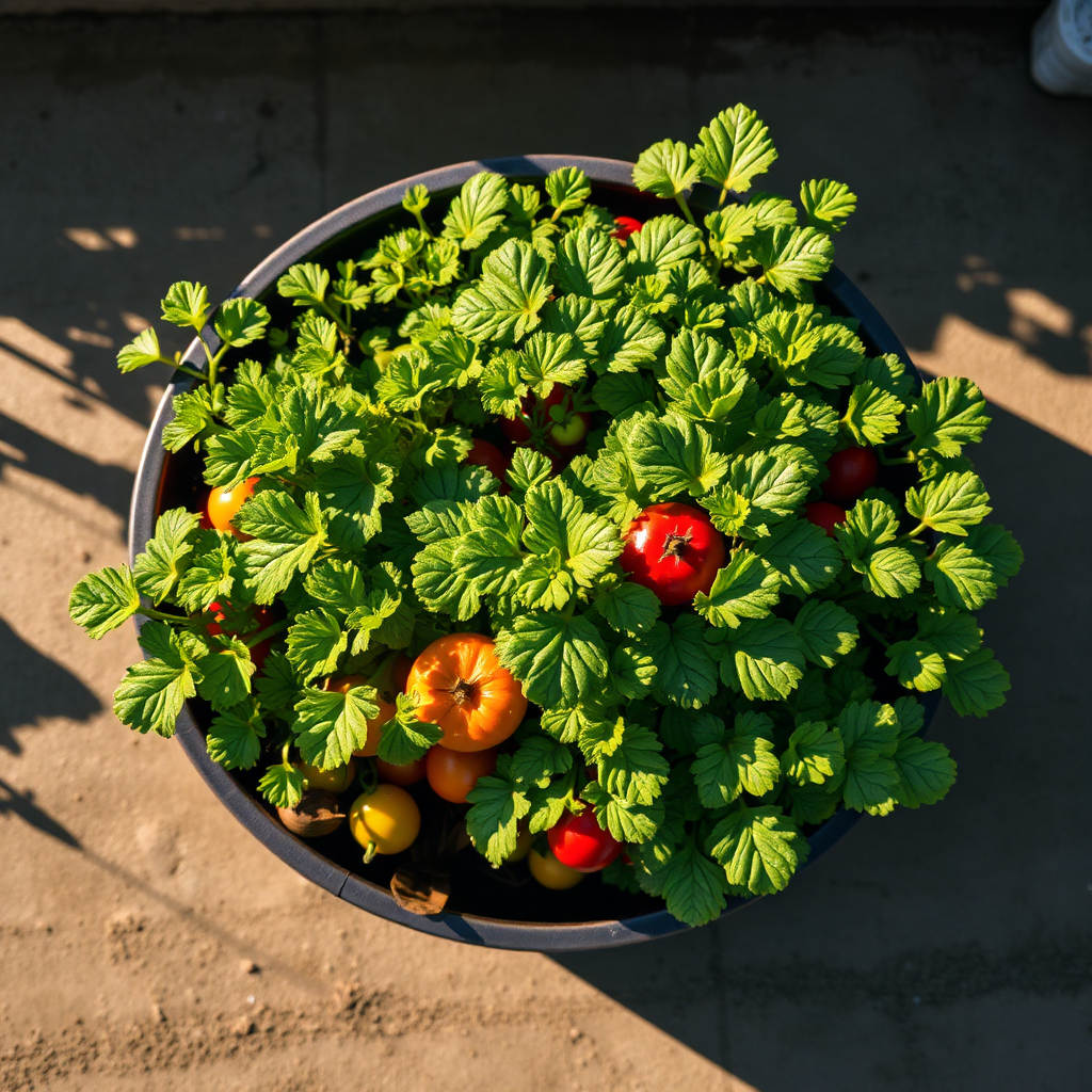 An overhead shot of a container garden bathed in warm sunlight. The vegetables are thriving, with lush green foliage and colorful fruits. The shadows create a sense of depth and texture. Technical specs: 4K resolution, aerial perspective, natural lighting.