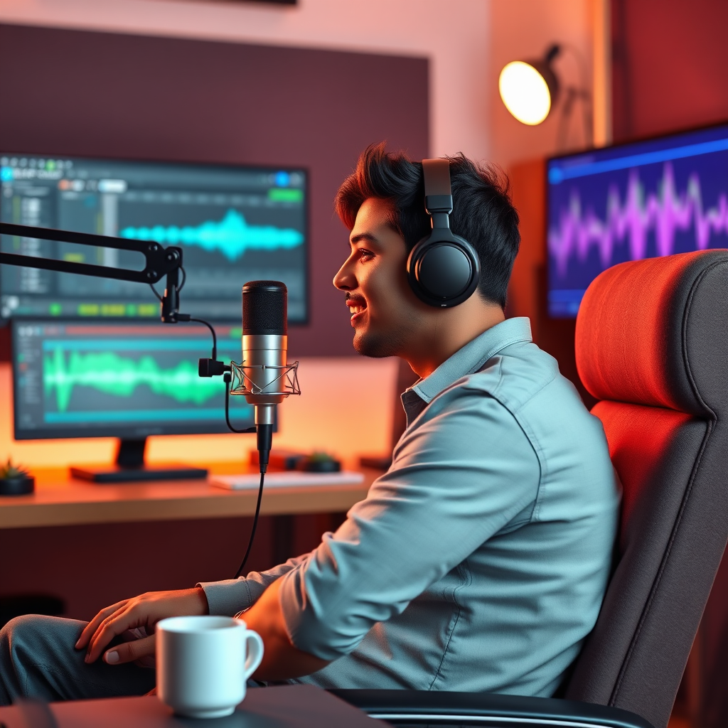 Capture a vibrant, photorealistic scene of a modern home studio setup. A person sits comfortably in front of a high-quality microphone, wearing headphones and speaking with enthusiasm. In the background, a monitor displays audio editing software and a dynamic waveform. Soft, diffused lighting illuminates the subject, highlighting the equipment and creating a professional yet inviting atmosphere. The color palette consists of warm tones, with accents of blue and green. Camera angle: medium shot, slightly angled to show depth. Textures should be detailed, emphasizing the fabric of the chair, the metal of the microphone, and the screen's crisp display. A coffee mug and a small succulent plant sit on the desk as props. Style: a blend of realism and aspirational, reflecting the potential of online podcasting. Technical specs: 8K resolution, hyperrealistic.