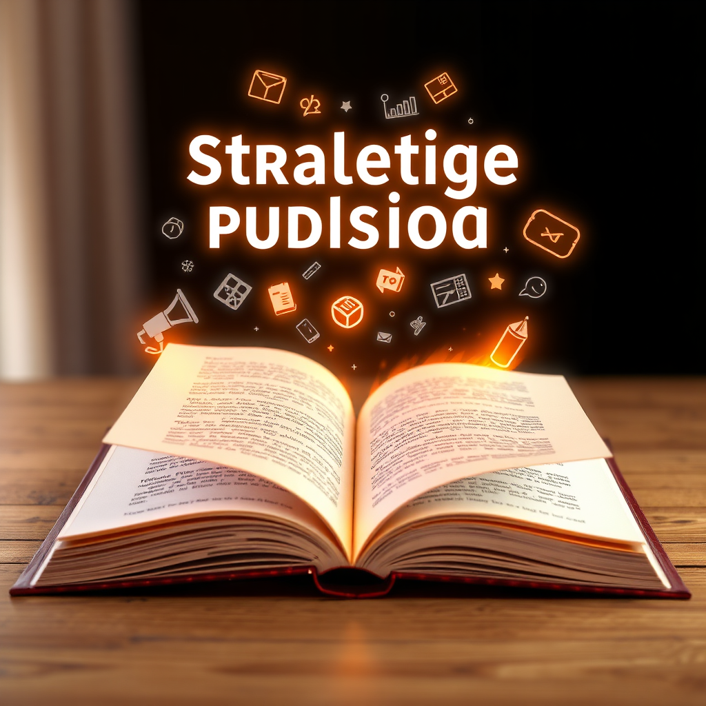 Craft a visual showcasing strategic publishing. The scene should depict an open book with words transforming into tangible assets like website designs, social media posts, and marketing materials. The pages of the book should be filled with glowing text and vibrant illustrations that convey knowledge and creativity. Use a warm, inviting color palette to create a sense of approachability and expertise. Render in 4K resolution.
