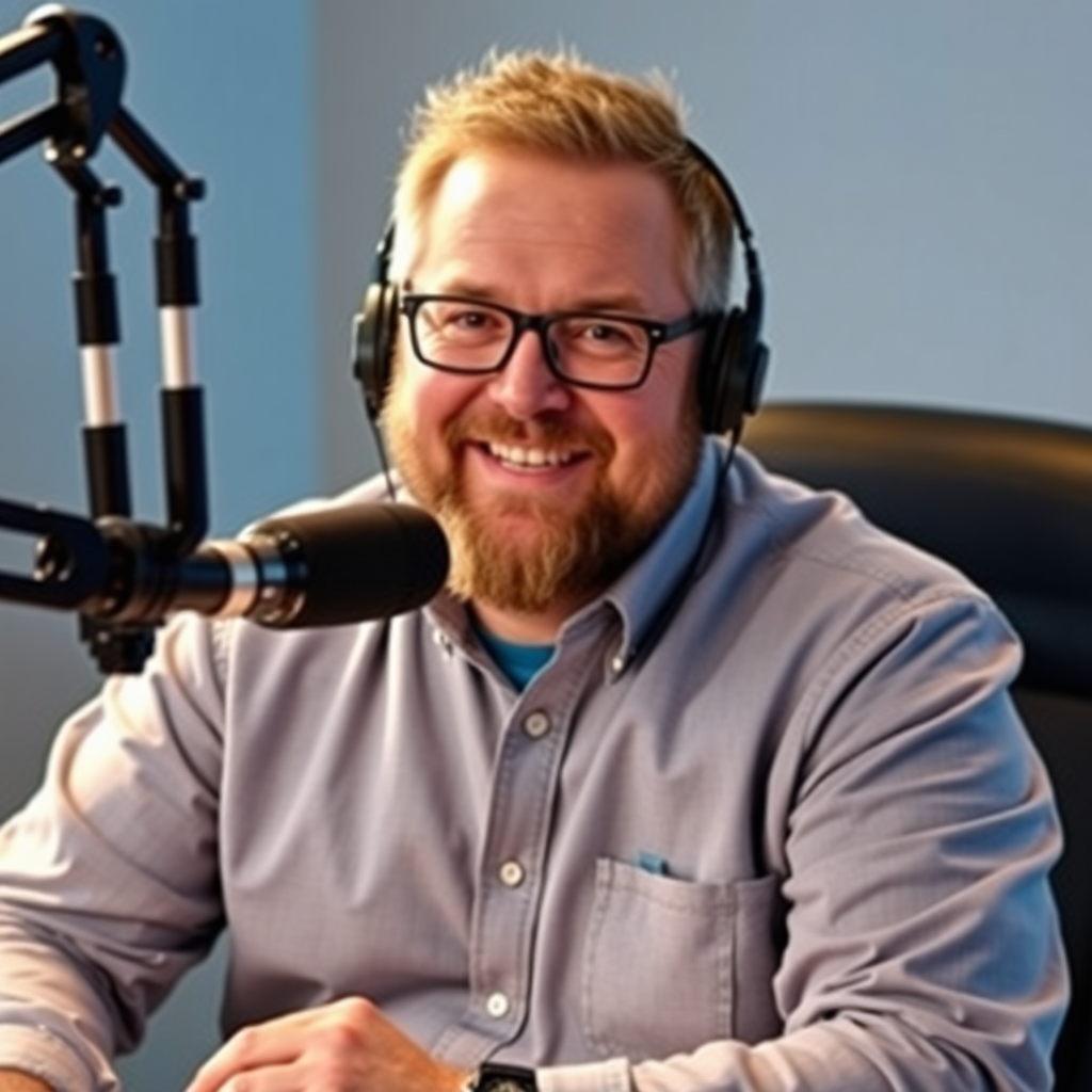 Create a 4k resolution image of Fred, the host of Fred's podcast, with insights into the online podcasting world. Light should highlight Fred and he should have a microphone near him. Technical Specs: 4K resolution, high detail.