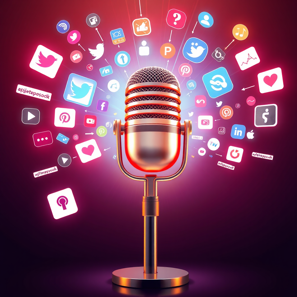 Create a dynamic visual representing podcast amplification. The scene should feature a microphone emitting sound waves that expand outwards, transforming into visually engaging graphics and text representing audience engagement. Include social media icons and website links radiating from the core microphone image. Use vibrant colors and dynamic lighting to convey energy and reach. The style should be modern and visually appealing, emphasizing the power of audio content. Render in 4K resolution.