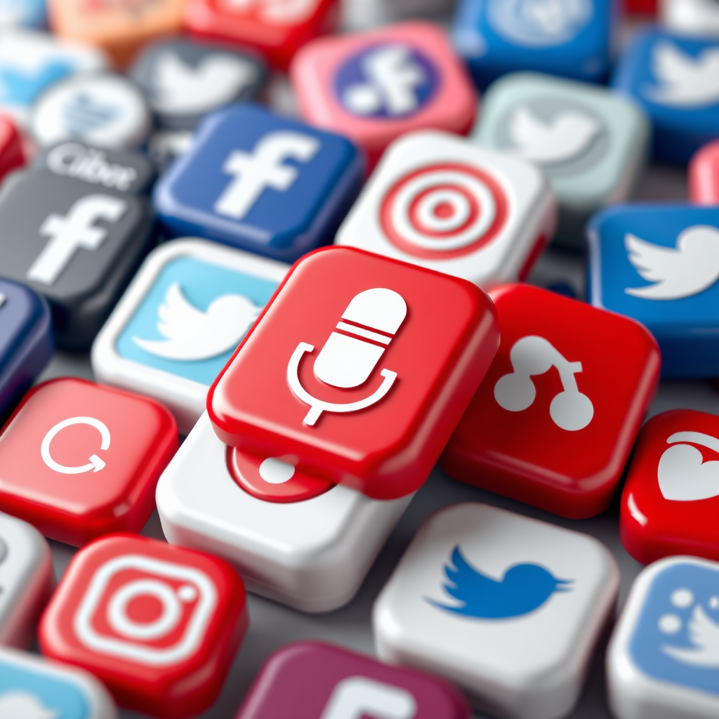 Create a photorealistic image of social media icons with podcasting audio waves being used to promote the podcast. Technical Specs: 4K resolution, high detail.