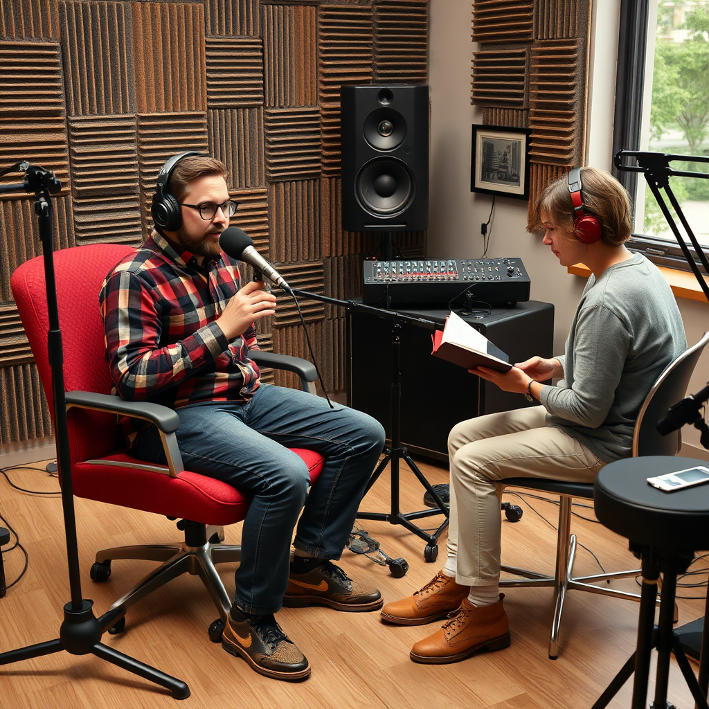 Create a photorealistic image of a podcast recording session. Fred is sitting on a chair with a microphone ready to start. A person is sitting on the other side with a notebook ready to participate in the recording. Include recording equipment and instruments. Technical specs: 4K resolution, high detail.