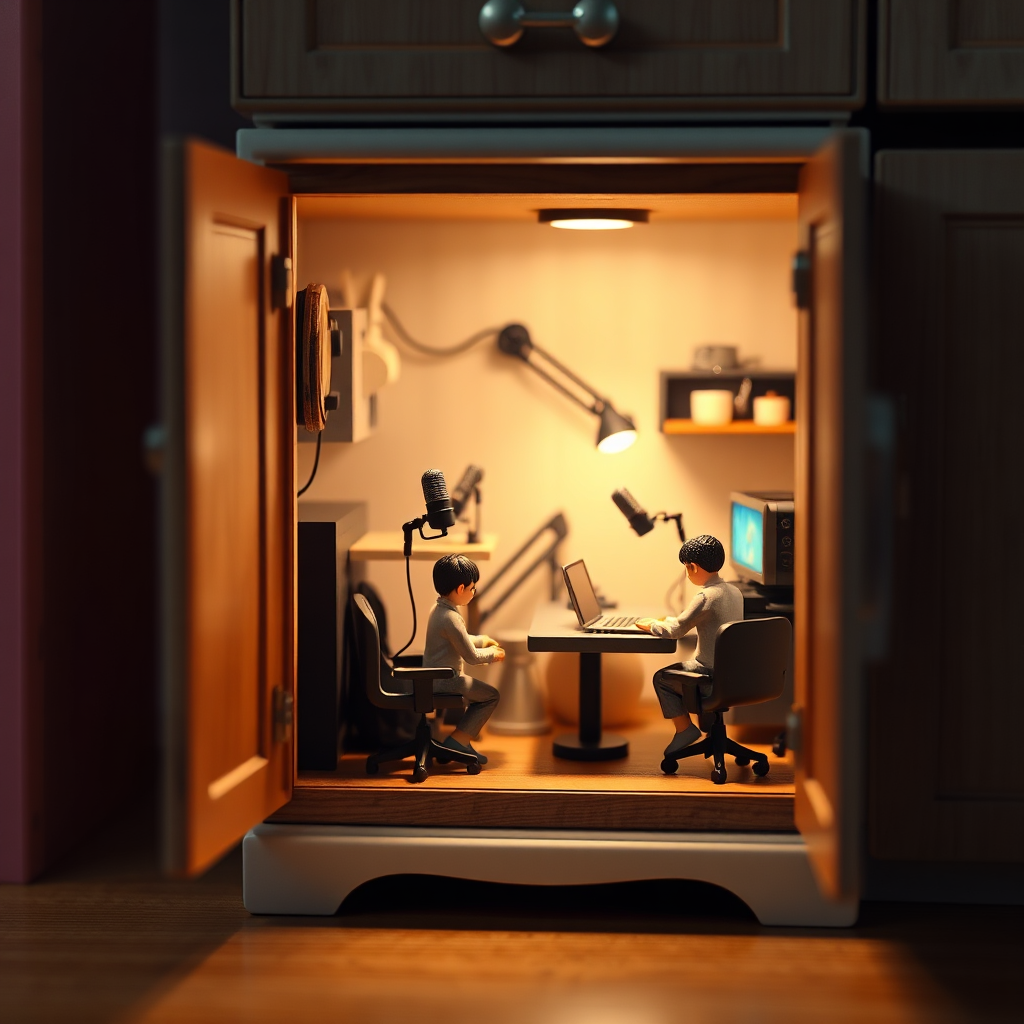 Create a photorealistic image representing the core essence of "Marie's Kitchen Cabinet." The scene depicts a stylized kitchen cabinet, open to reveal a mini podcasting studio inside. Within, miniature figures of people are actively engaged in a podcast recording session, complete with tiny microphones and laptops. The overall color scheme should be warm and inviting, with soft, diffused lighting to create a cozy atmosphere. The image should be captured from a slightly elevated angle to showcase the cabinet's interior. Ensure that the texture details are visible, such as the wood grain of the cabinet and the miniature podcasting equipment. The style should be whimsical and imaginative, conveying the idea of podcasting knowledge being readily available within Marie's Kitchen Cabinet. 4K resolution, high quality.