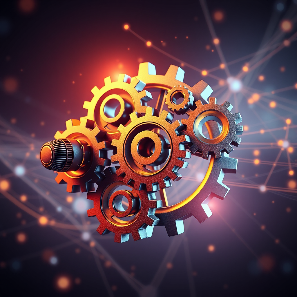 Create a stylized image representing the core of Cmark Media. The visual should showcase interconnected gears symbolizing podcasting, publishing, graphic design, and AI, all working in perfect harmony. These gears should be crafted from modern, high-tech materials and bathed in soft, ambient light. The background should evoke a sense of digital space, with subtle particle effects and interconnected lines representing the flow of ideas and information. The color palette should blend warm oranges and yellows with cool blues and purples to convey both creativity and technological prowess. Use a slightly elevated perspective to showcase the complexity and interconnectedness of the elements. The final image should convey a sense of innovation, collaboration, and forward-thinking vision. Render in 4K resolution with high quality.