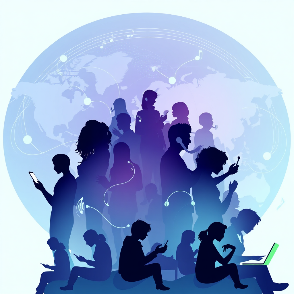 Create a stylized image showcasing a diverse group of people from around the globe listening to podcasts on various devices (smartphones, tablets, laptops). The people should appear as interconnected silhouettes against a backdrop of swirling sound waves and global map outlines. The lighting is soft and ethereal, with a color palette emphasizing blues, purples, and greens to represent sound and connection. The composition should be dynamic, conveying the sense of global reach and interconnectedness that online podcasting provides. Include subtle icons representing different podcast genres (e.g., news, comedy, music). Style reference: a modern, minimalist aesthetic. Technical specs: 4K resolution, high quality.