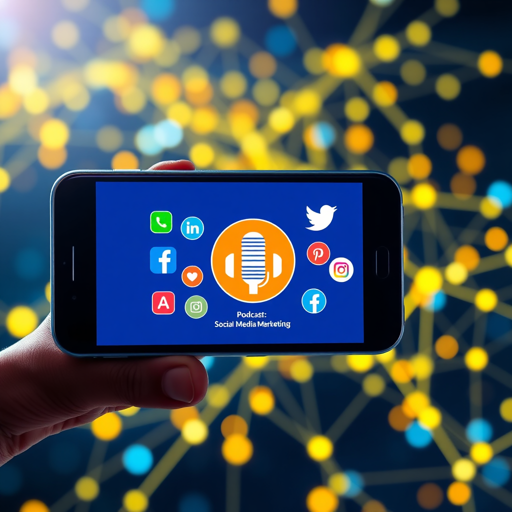  Create a vibrant digital scene showing a smartphone displaying a podcast episode being shared across various social media platforms. Icons representing different social networks (Facebook, Twitter, Instagram) should be visible. The background should feature a network of interconnected dots, symbolizing online connectivity. The lighting is bright and dynamic, conveying the energy of social media marketing. Color palette: blues, greens, and yellows. Style: modern and engaging. Technical specs: 4K resolution, sharp details.