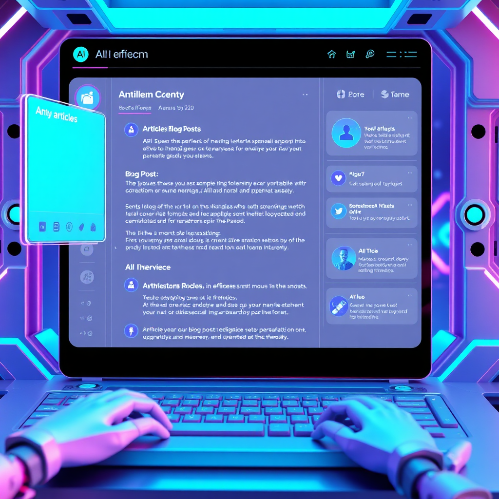 Create a visual representing AI content creation. The scene should depict an AI interface generating articles, blog posts, and social media updates. The AI should be seamless and efficient, with intuitive controls and clear output. Use a futuristic color palette with blues and purples to convey technological advancement. Render in 4K resolution.