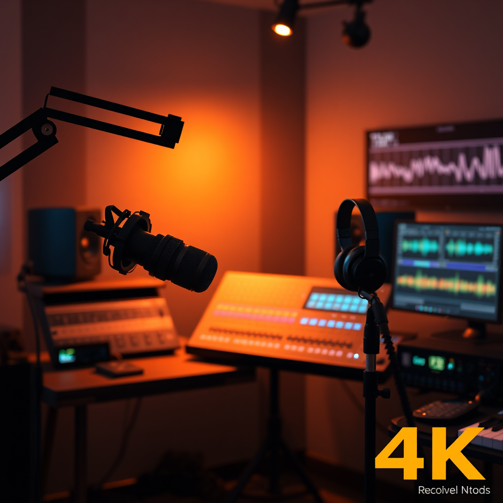 Create a visual representing podcast production. The scene should show a professional recording studio with a microphone, headphones, and audio equipment. The lighting should be soft and inviting, creating a sense of comfort and professionalism. Include waveforms and audio editing interfaces in the background to convey technical expertise. Render in 4K resolution.