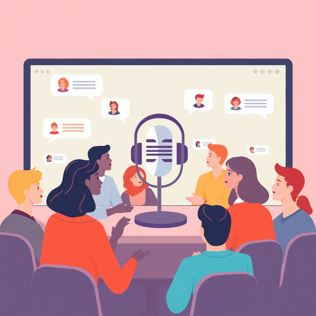 Create an image representing a virtual community forum or online discussion group centered around a podcast. Participants are represented by stylized avatars, interacting with each other through comments and posts. The color palette is warm and inviting, fostering a sense of belonging. The style is modern and interactive. Technical specs: 4K resolution, clean design.
