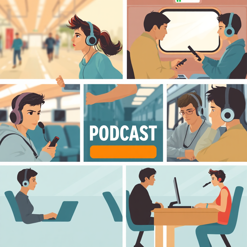 Depict a montage of various scenarios where people are listening to podcasts: someone jogging with headphones, someone commuting on a train, someone working at a desk, etc. The lighting is natural and realistic, showcasing the everyday accessibility of podcasts. The style is relatable and engaging. Technical specs: 4K resolution, realistic details.