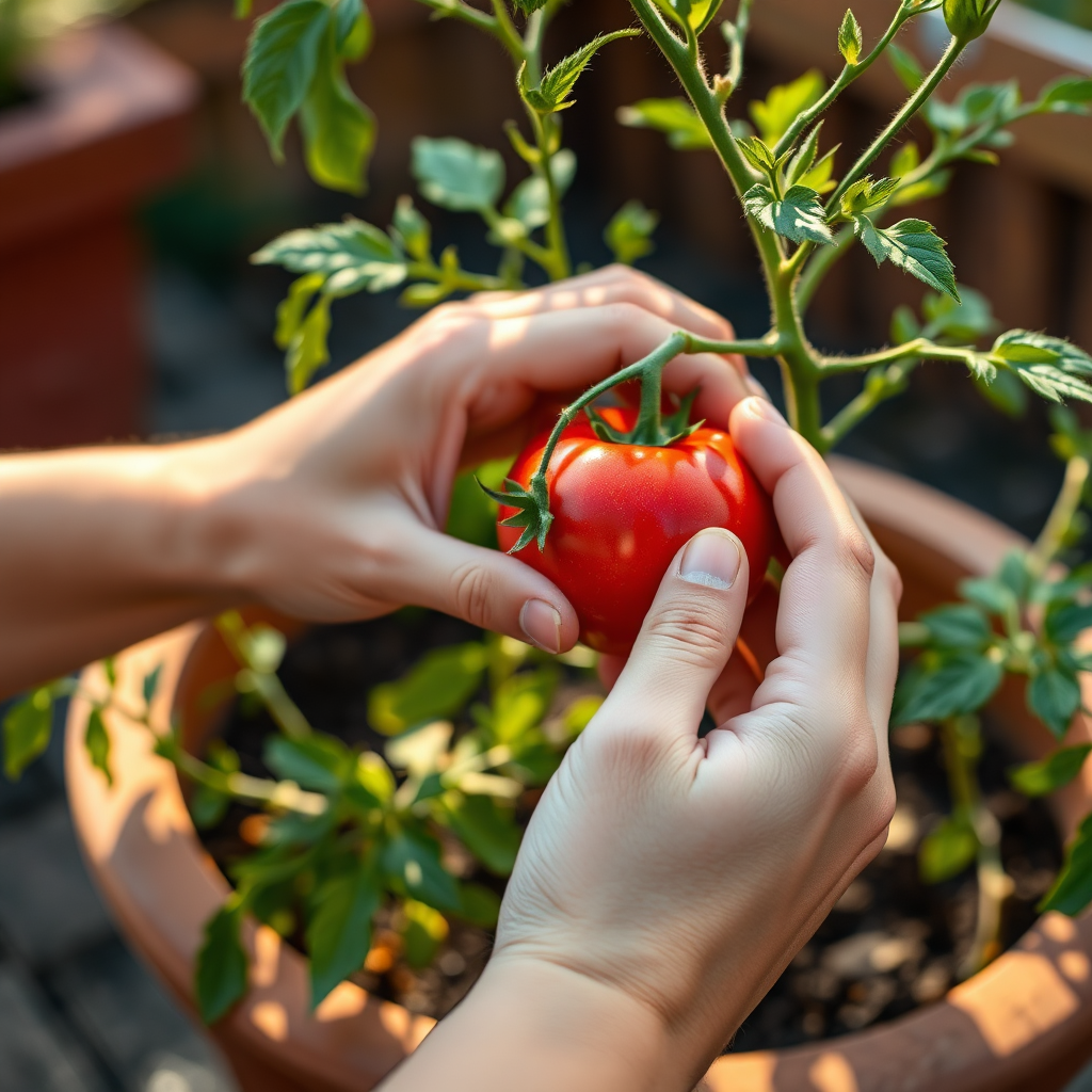 Hands gently picking a ripe, red tomato from a plant in a container garden. Focus on the vibrant color and plumpness of the tomato. Warm, natural lighting. Technical specs: 4K resolution, close-up shot, shallow depth of field.