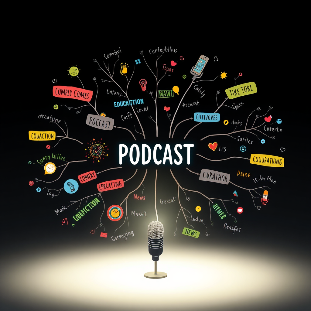  Imagine a creative mind map with various podcast topic ideas radiating from a central point. The map should be visually appealing, with colorful illustrations and keywords representing different genres (e.g., comedy, education, news). Soft lighting highlights the central theme, while the surrounding ideas gradually fade into the background. The style is whimsical and inspiring, reflecting the creative process of podcasting. Technical specs: 4K resolution, vibrant colors.