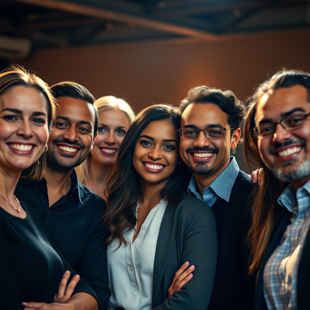 Photorealistic image of diverse, smiling team of event professionals. The lighting should be warm and inviting. Focus on faces. Angle: Medium close-up. Style: Collaborative, professional. Technical specs: 4K, professional lighting.