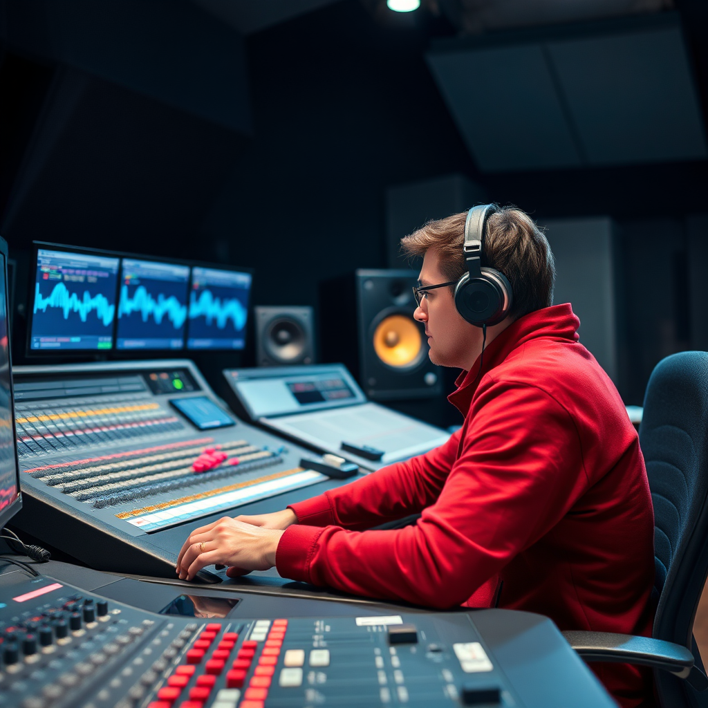 Show a person sitting at a mixing console in a professional recording studio, adjusting audio levels and editing sound waves. The lighting is focused and professional. Technical specs: 4K resolution, high detail.