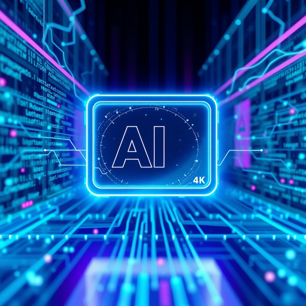 Showcase AI-powered design. The scene should depict an AI neural network generating logos, graphics, and illustrations. The AI interface should be sleek and modern, with lines of code transforming into beautiful visual elements. Use a futuristic color palette with blues, purples, and greens to convey technological advancement and creativity. Render in 4K resolution.