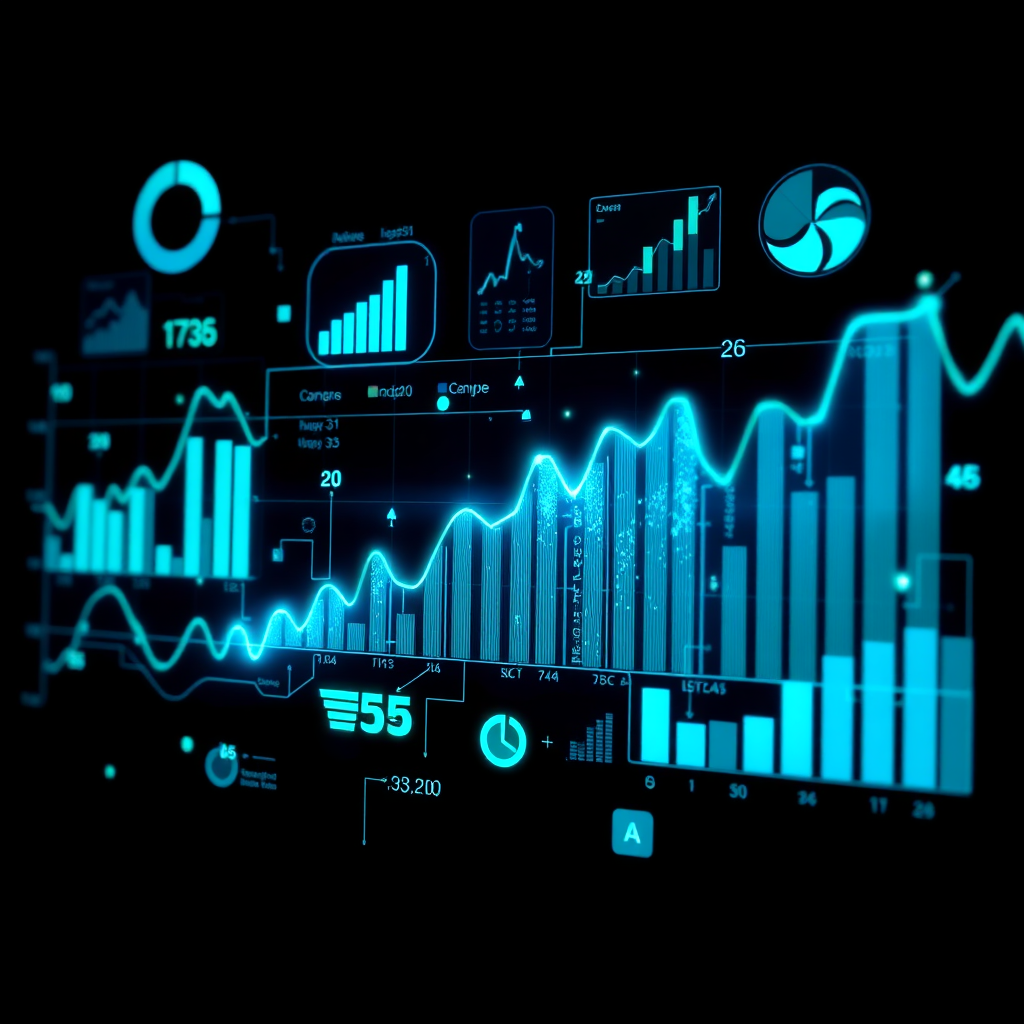 Showcase data-driven insights. The image should feature graphs and charts transforming into creative design elements, like logos and brand assets. The data visualizations should be visually appealing and easy to understand, highlighting key performance indicators. Use a cool color palette with blues and greens to convey data and analysis. Render in 4K resolution.