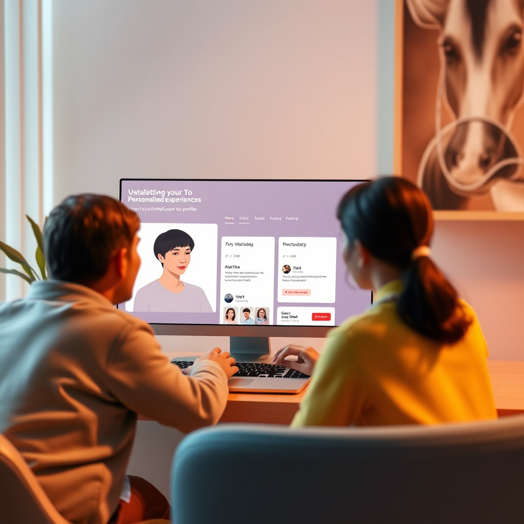 Showcase personalized experiences. The image should feature a website interface adapting to individual user profiles, with customized content and design elements. The experience should be seamless and intuitive, with a focus on user satisfaction. Use a warm, inviting color palette to convey personalization and connection. Render in 4K resolution.