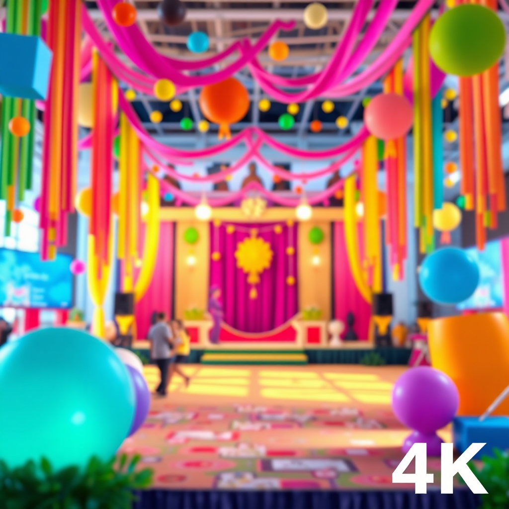 Stylized design of colorful decorations, stages and people in the background. Style: vibrant and creative. Tech specs: 4K.