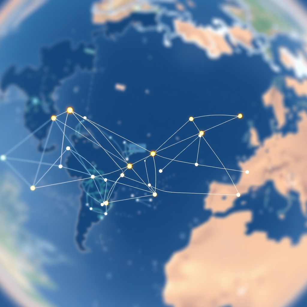 Stylized image of a world map with interconnected lines representing transportation routes and logistical connections. Style: global network. Tech specs: 4k resolution, aerial shot.