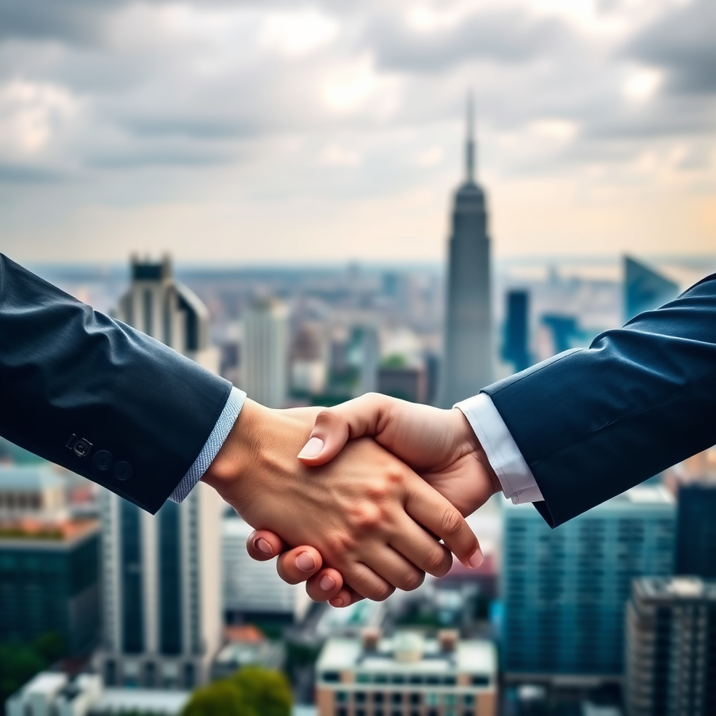 Two hands clasped together in a friendly handshake against the backdrop of a vibrant cityscape, symbolizing partnership and collaboration.