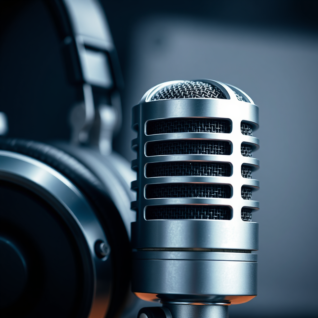  Visualize a close-up shot of a high-quality microphone (e.g., a condenser microphone) and professional studio headphones. The microphone should be the focal point, showcasing its intricate details and build quality. The background should be slightly blurred, highlighting the importance of the equipment. Soft, focused lighting accentuates the metallic finish of the microphone and the plush earcups of the headphones. Color palette: silver, black, and subtle gradients. Style: sleek and modern, emphasizing the professional nature of the equipment. Technical Specs: close-up shot, 4k resolution, high detail.