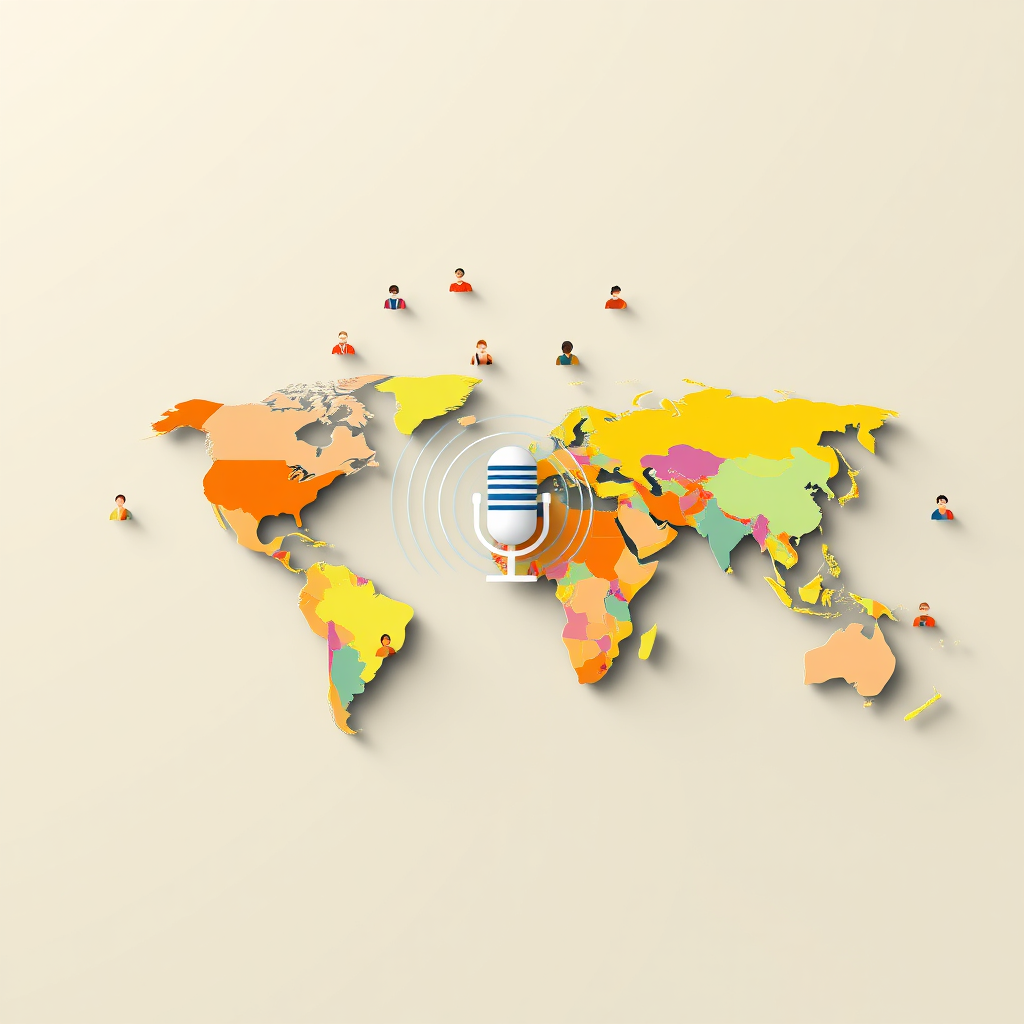 Visualize a world map with sound waves emanating from a central podcast studio location, spreading outwards to connect with listeners in various countries. Each listener is represented by a small, stylized icon. The color palette is vibrant and diverse, reflecting the multicultural nature of the global audience. The style is modern and minimalist. Technical specs: 4K resolution, high quality.