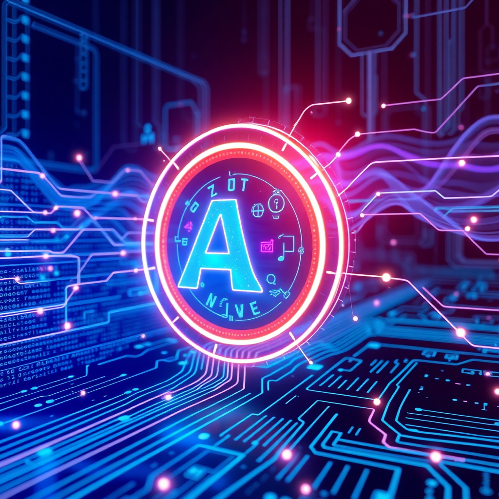 Visualize AI-powered design. The scene should showcase an AI neural network generating graphic designs, logos, and illustrations. The AI interface should be sleek and modern, with lines of code transforming into beautiful visual elements. Use a futuristic color palette with blues, purples, and greens to convey technological advancement and creativity. Render in 4K resolution.