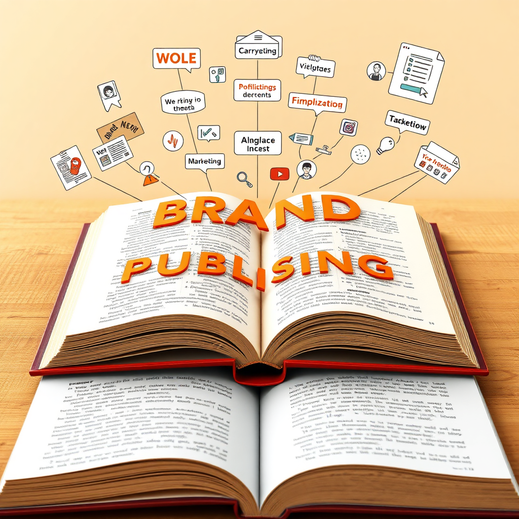 Visualize brand publishing. The scene should feature an open book with words transforming into website content, social media posts, and marketing materials. The pages of the book should be filled with vibrant illustrations and engaging text. Use a warm, inviting color palette to create a sense of approachability and expertise. Render in 4K resolution.