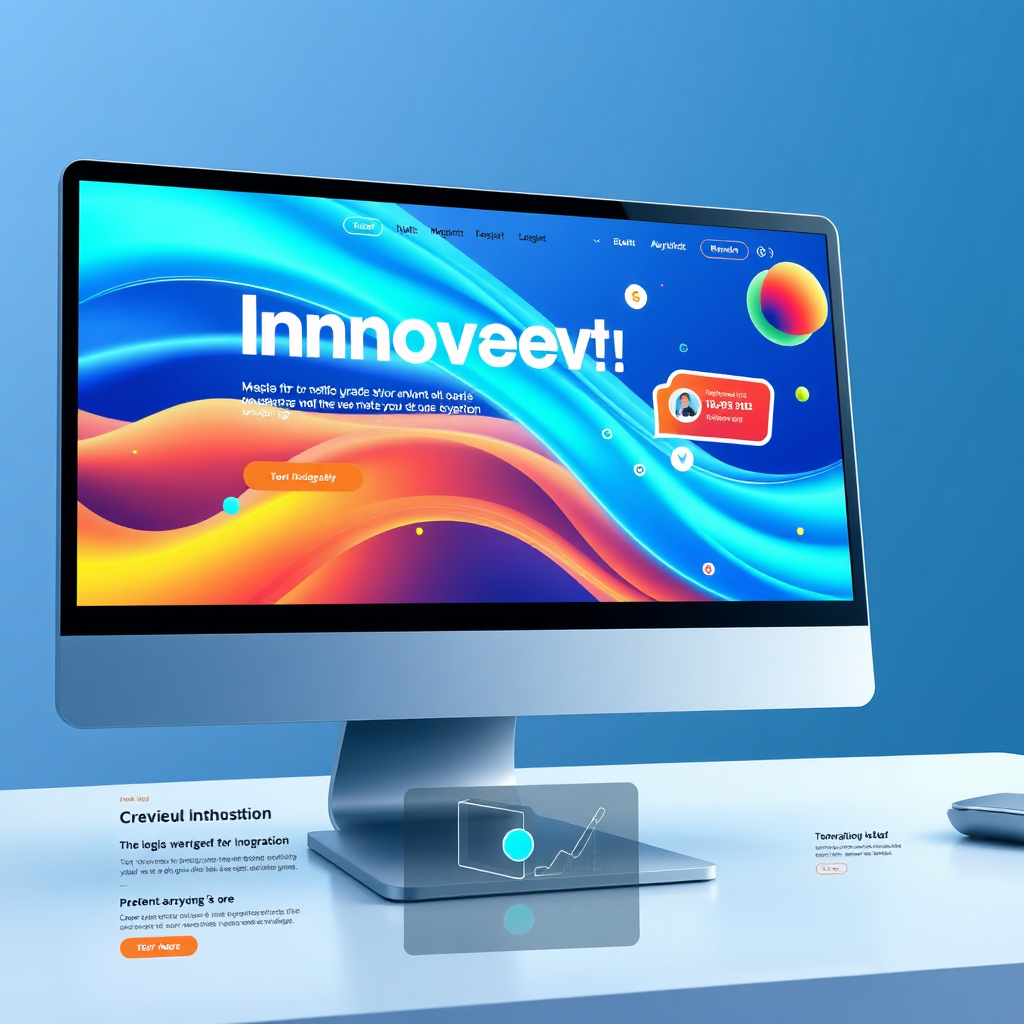 Visualize innovative web design. The scene should feature a sleek, modern website interface with dynamic animations and interactive elements. The design should be clean and intuitive, with a focus on user experience. Use a bold color palette with blues, oranges, and greens to convey creativity and innovation. Render in 4K resolution.
