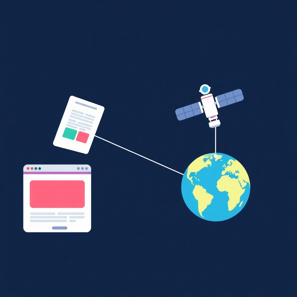 A clean, modern graphic illustrating a website seamlessly connecting to a satellite. The website is depicted as a vibrant, colorful interface, while the satellite is a sleek, futuristic design orbiting Earth. The connecting line is a bright, flowing stream of data. Style: minimalist, vector illustration, bright and optimistic color palette. Technical specs: High-resolution, vector graphics.