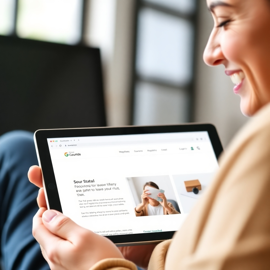 A close-up of a user interacting with a website on a tablet. The website is clean, modern, and easy to navigate. The user is smiling and engaged. Style: modern, user-friendly, and approachable. Lighting: soft and diffused, creating a sense of warmth and accessibility. Technical specs: High-resolution photograph.