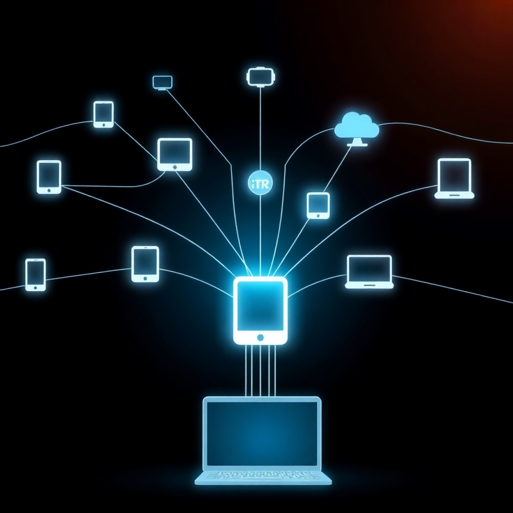 A digital illustration showing lines connecting multiple devices to the internet. Modern look. Background is dark to highlight connected devices. 8k resolution.