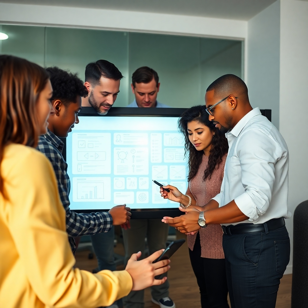 A diverse group of people collaborating on a website design project. They are gathered around a large touchscreen display, brainstorming ideas and sketching wireframes. The atmosphere is creative and collaborative. Style: modern, professional, and inclusive. Lighting: soft and diffused, creating a sense of warmth and collaboration. Technical specs: High-resolution photograph.