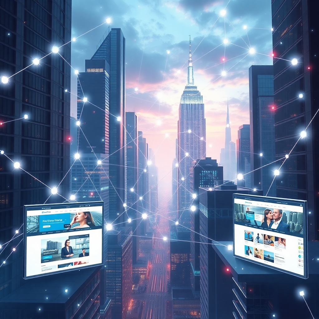 A visually striking representation of a brand's logo rising above a digital landscape. The logo is glowing and vibrant, while the landscape is a dynamic mix of interconnected nodes and flowing data streams. Style: futuristic, abstract, emphasizing growth and innovation. Lighting: dramatic and dynamic, with a focus on highlighting the logo. Technical specs: High-resolution digital artwork.