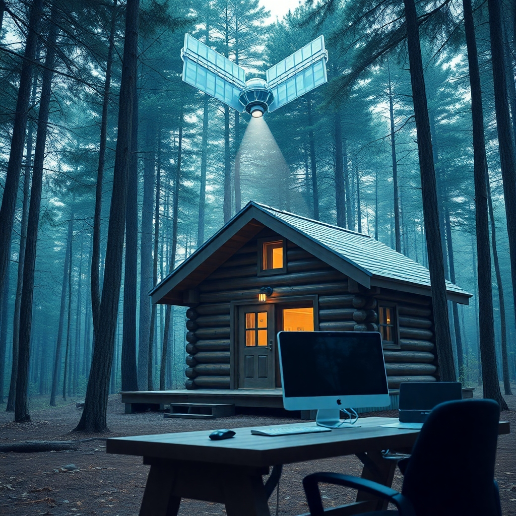 A futuristic satellite provides a connection to a cabin in the woods. A modern computer sits on a desk inside the cabin. 4k resolution.