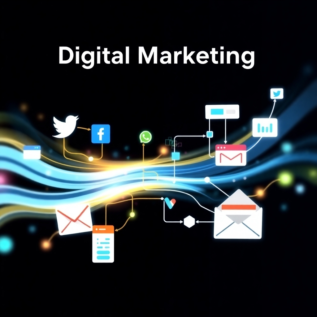 A graphic illustrating the flow of data and information across various digital channels, such as social media, search engines, and email. The graphic is dynamic and visually engaging, conveying the interconnectedness of digital marketing. Style: modern, abstract, and data-driven. Lighting: bright and dynamic, with a focus on highlighting the flow of information. Technical specs: High-resolution digital artwork.