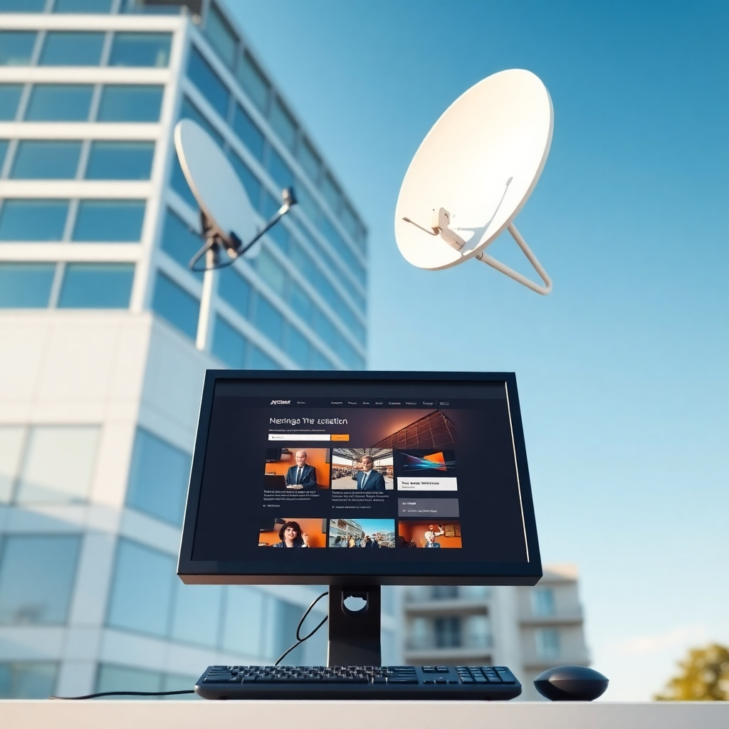 A modern computer displays a website designed by Jagstar, while a satellite dish beams internet to it. Modern building in the background. Clear sunny skies. 8k resolution.