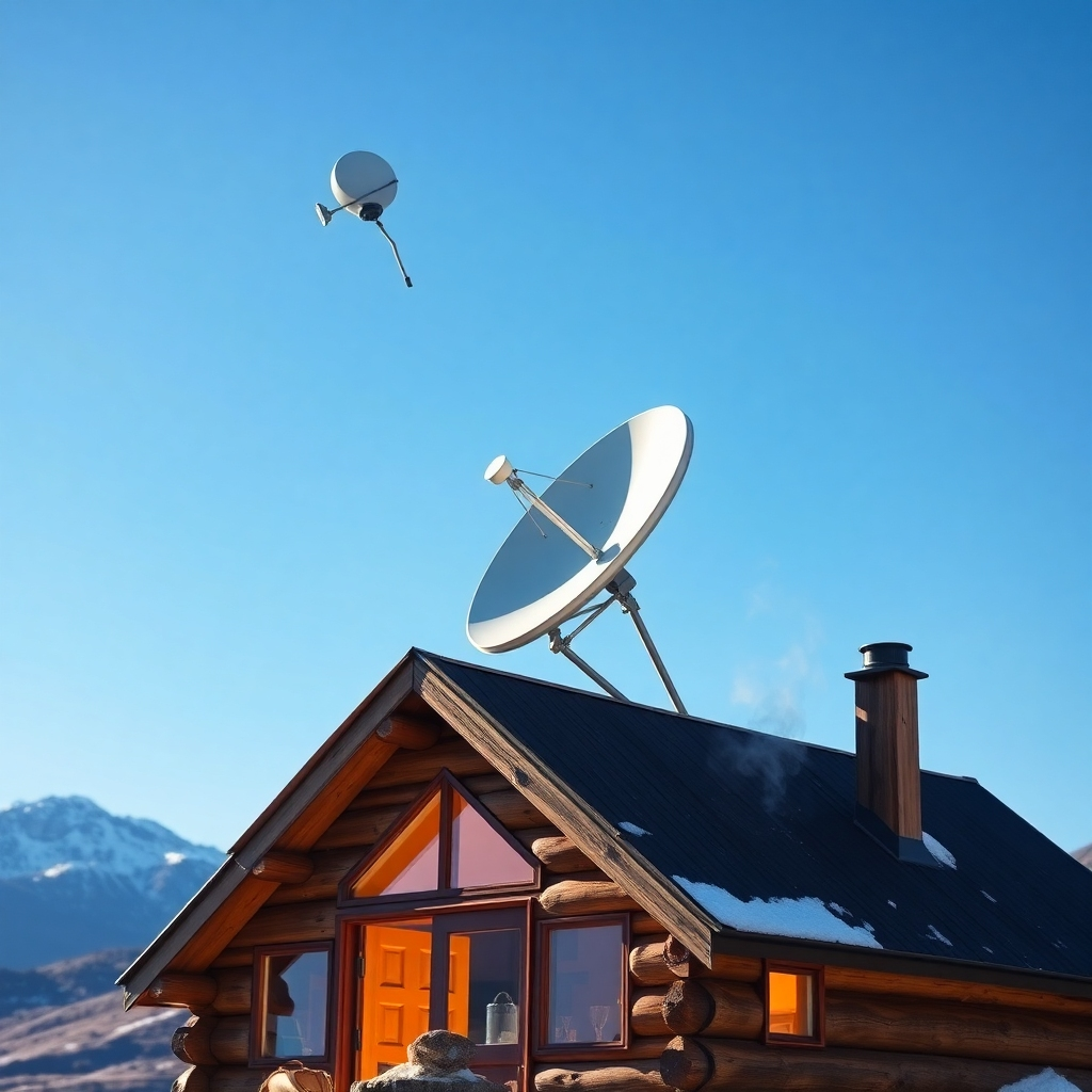 A Starlink satellite dish installed on the roof of a remote cabin in a mountainous landscape. The sky is clear and blue, with the Starlink satellite subtly visible overhead. The cabin is warm and inviting, with smoke gently rising from the chimney. Style: photorealistic, emphasizing the sense of isolation and connectivity. Lighting: natural, warm sunlight. Technical specs: High-resolution photograph.