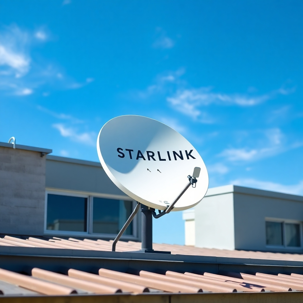 A Starlink satellite dish mounted on a rooftop with a clear view of the sky. The dish is sleek and modern, blending seamlessly with the surrounding architecture. The background is a blue sky with wisps of clouds. Style: clean, minimalist, and technologically advanced. Lighting: natural sunlight. Technical specs: High-resolution photograph.