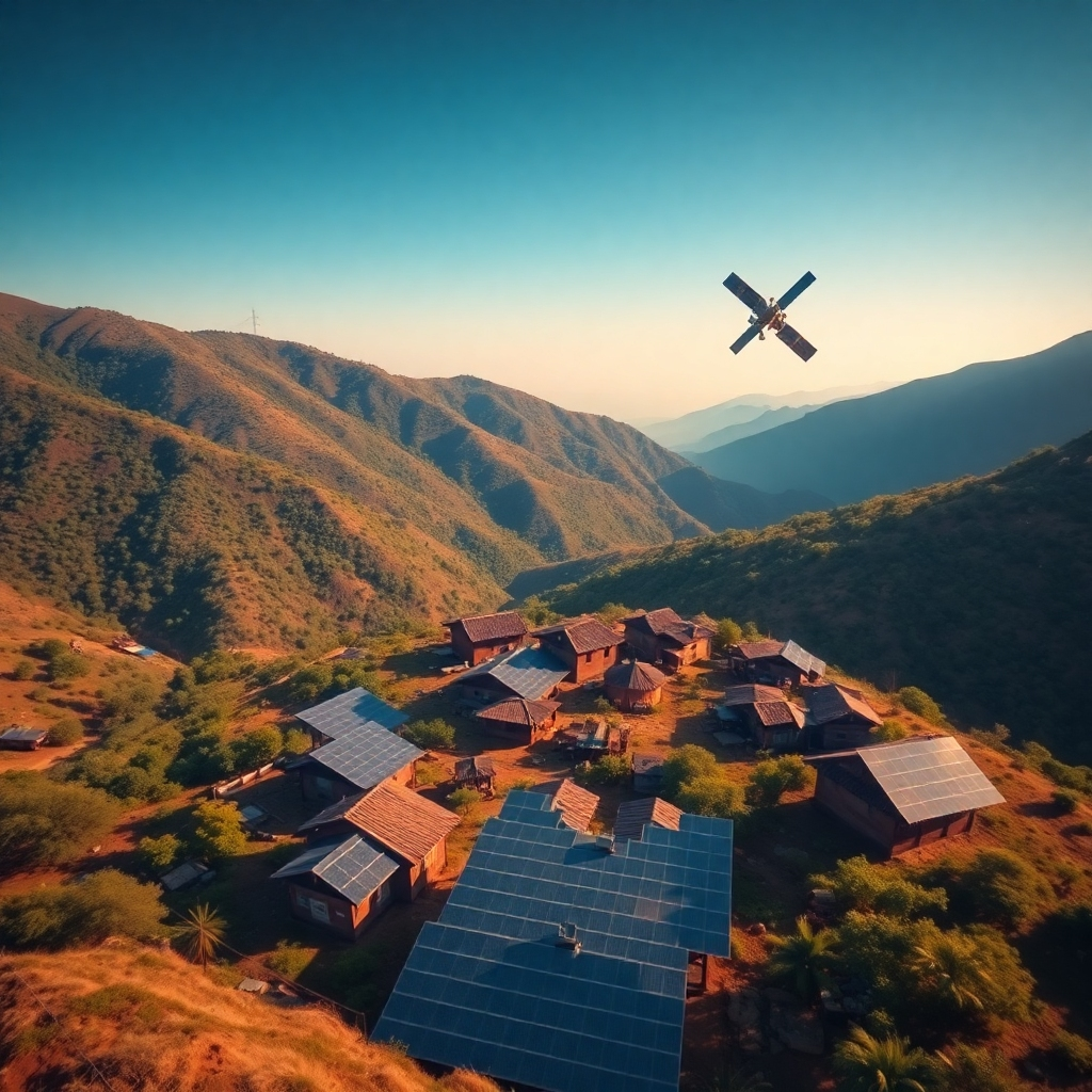 An aerial view of a remote village connected to the internet via Starlink. The village is nestled in a lush valley, with solar panels providing sustainable energy. The Starlink satellite is subtly visible in the sky. Style: photorealistic, emphasizing the sense of community and empowerment. Lighting: natural, warm sunlight. Technical specs: High-resolution photograph.