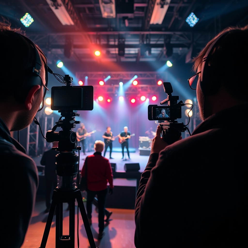 A behind-the-scenes image of a music video shoot. A camera crew is filming a band performing on a set, with various lights and equipment visible in the background. The lighting is dynamic and dramatic, creating a visually engaging atmosphere. The camera angle is a wide shot, capturing the scale and complexity of the production. Render in 4K resolution.