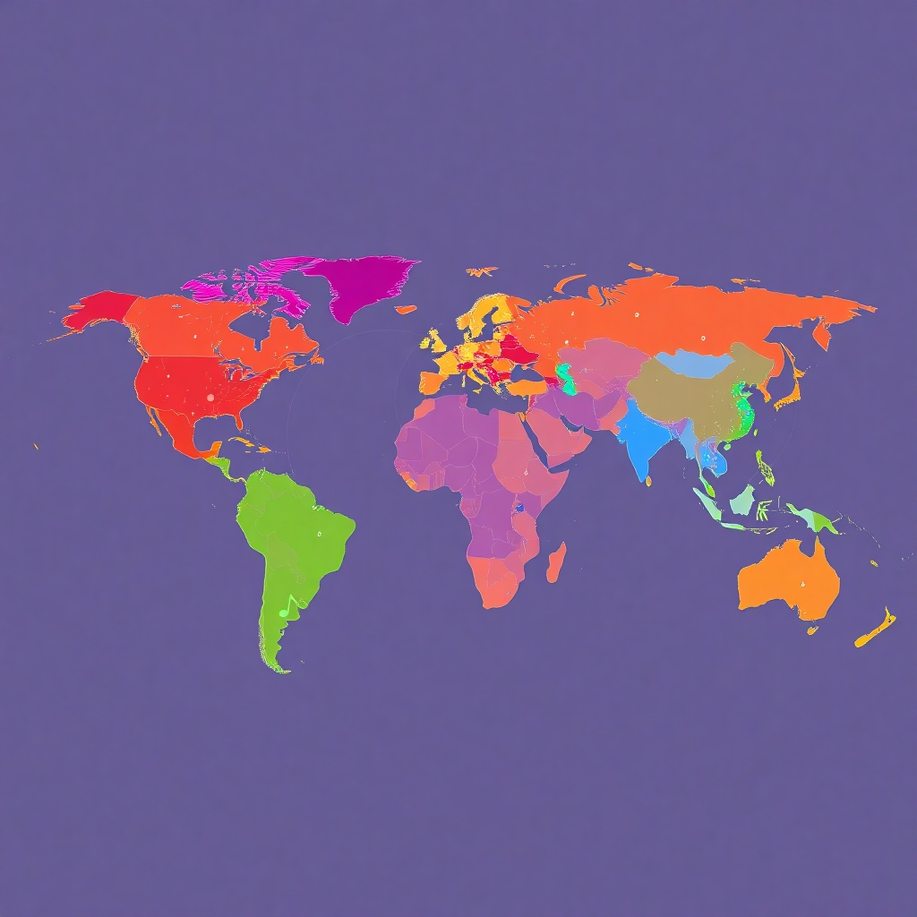 A conceptual image representing the global reach of music publishing and distribution. A map of the world is overlaid with musical notes, connecting different regions and cultures. The color palette is vibrant and diverse, with a focus on representing different cultures. The camera angle is a wide shot, capturing the scale and scope of the global network. Render in 4K resolution.